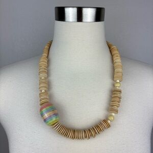 Vintage 1980s Light Wood Disc and‎ Bead Necklace Pastel Rainbow Boho Eclectic